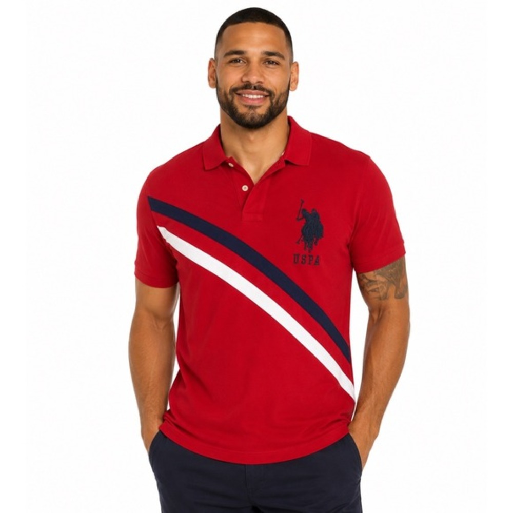US Polo Assn Red Diagonal Stripe Short Sleeve Pique Polo Shirt L Preppy 88-53